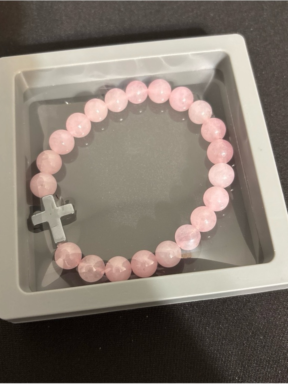 Pink Beaded Stretch Bracelet with Cross Accent